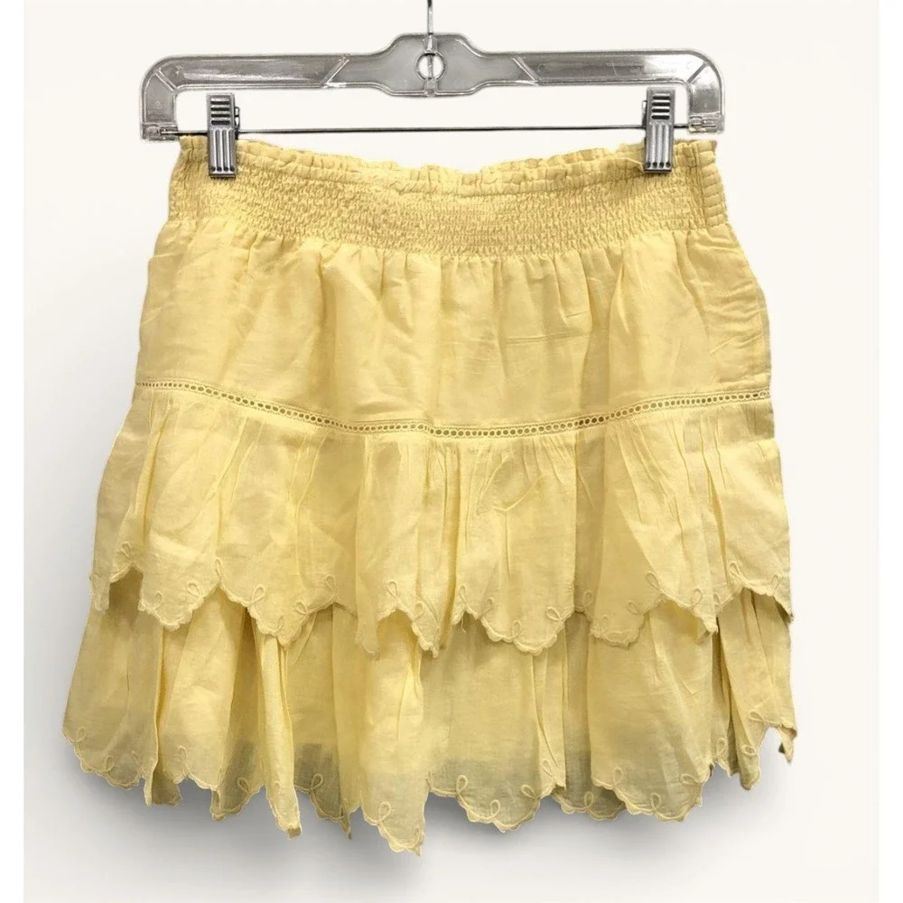 LoveShackFancy Smocked‎ Ruffle Mini Skirt Yellow Womens 8 Cottagecore NWT